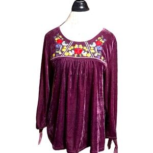 Jodifl Maroon Velvet Embroidered Floral Blouse Size S